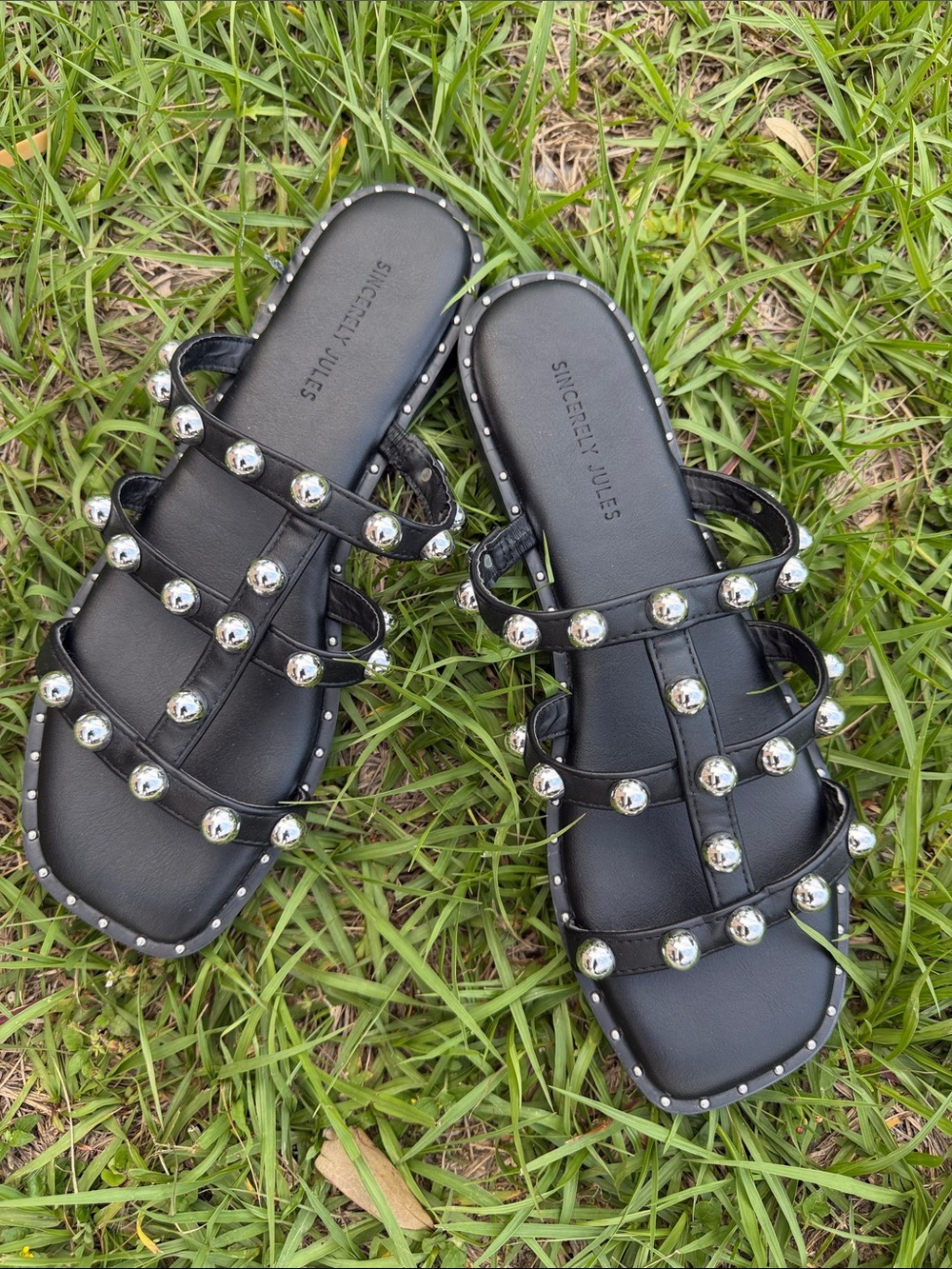 Sincerely Jules Black Studded Multi-Strap Slide Sandals